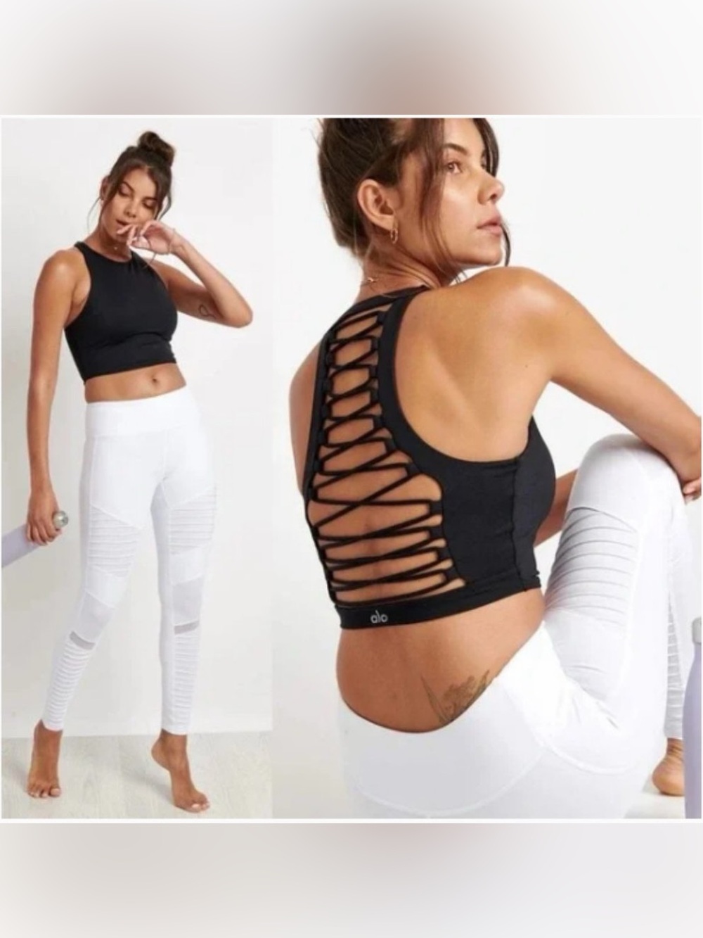 Alo Yoga Movement Sports Bra Crop Top Lace Up Corset in Black.  Size Small